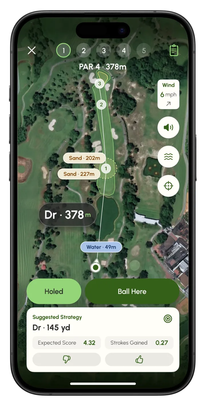 AceCaddie hole view: aerial map with hazard distances and a suggested strategy of driver, 145 yards