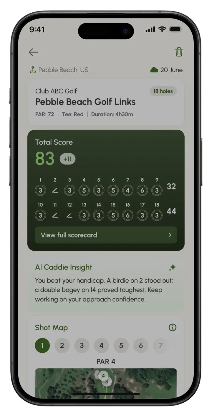 AceCaddie round summary: total score 83, hole-by-hole scores and an AI Caddie insight